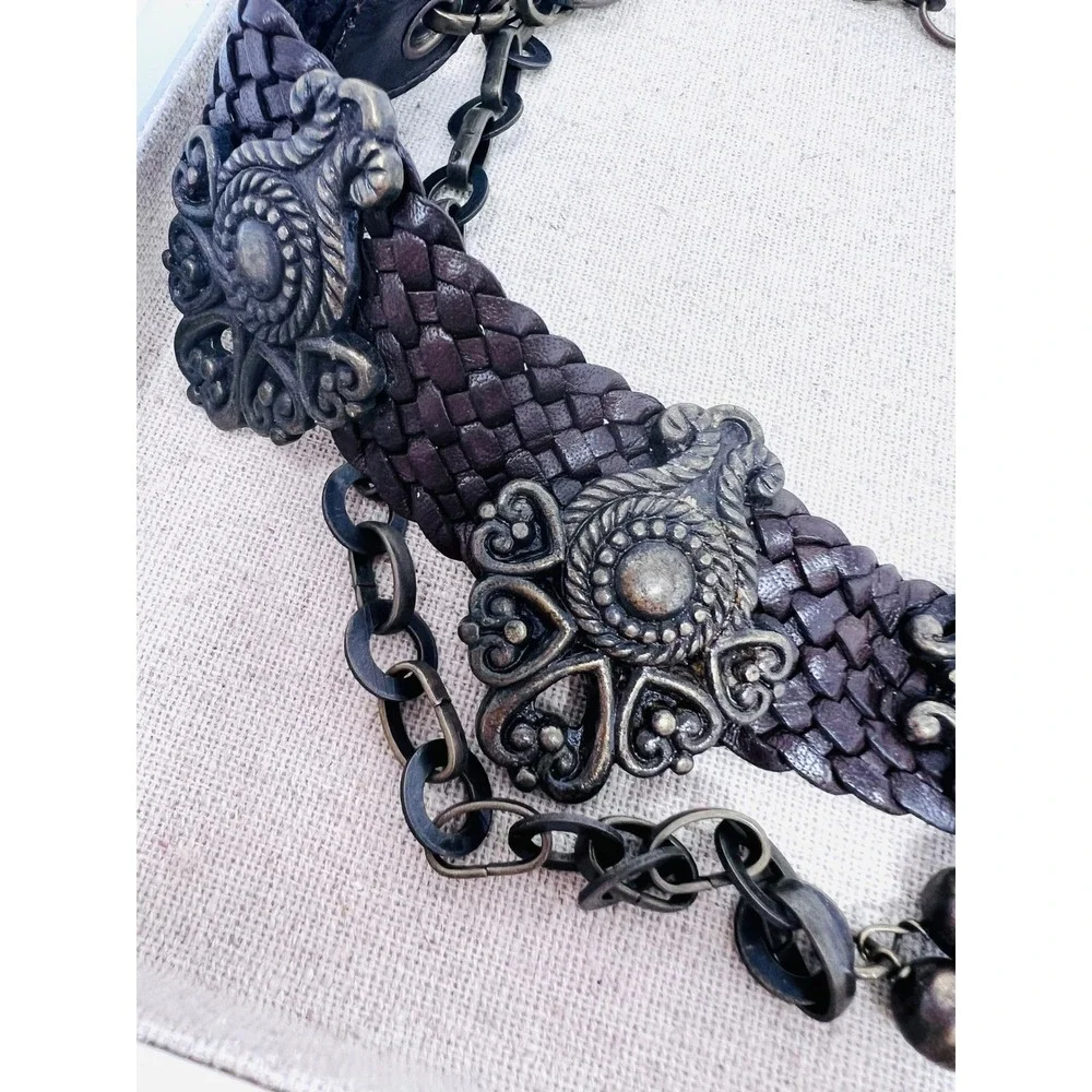 Braided Leather Boho Antique Brass Filigree Medallion Adjustable Chain Belt